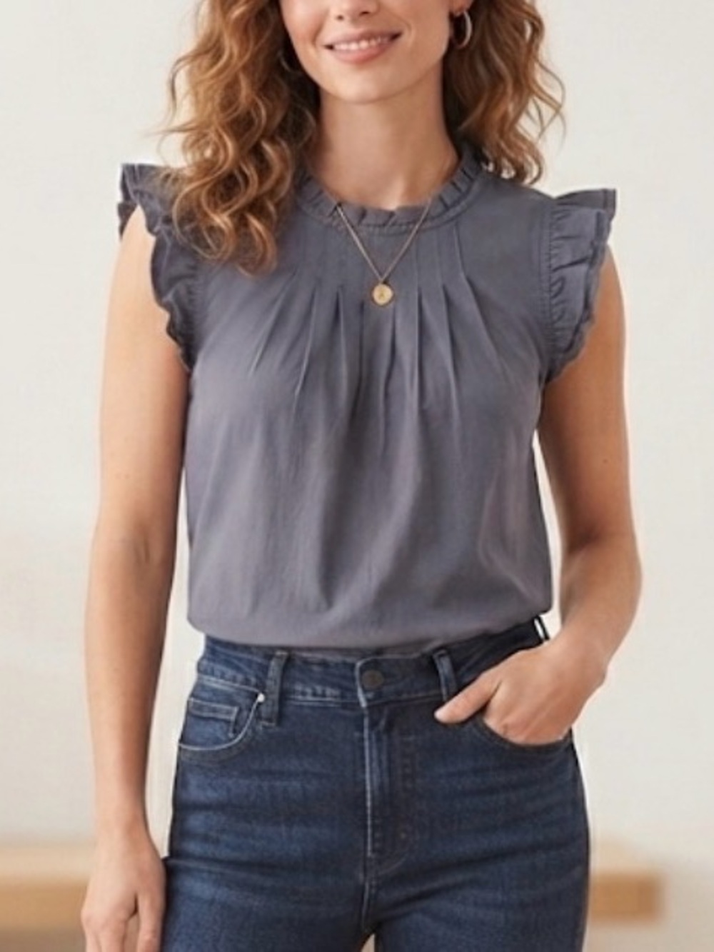 Effortless Charm: Universal Thread Ruffle-Sleeve Top  Medium